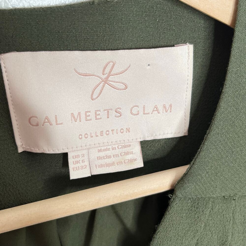 Gal Meets Glam Olive Green Faux Wrap Tie Waist Mini Dress Long Sleeve US 2 - Picture 7 of 10